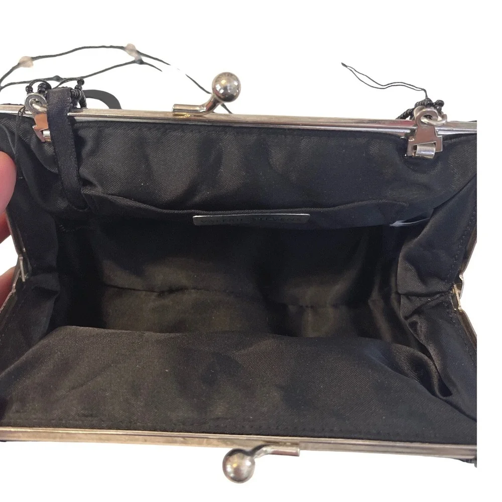 Valerie Stevens Black Beaded Sequin Clutch Evening Handbag Kiss Lock Chain Strap